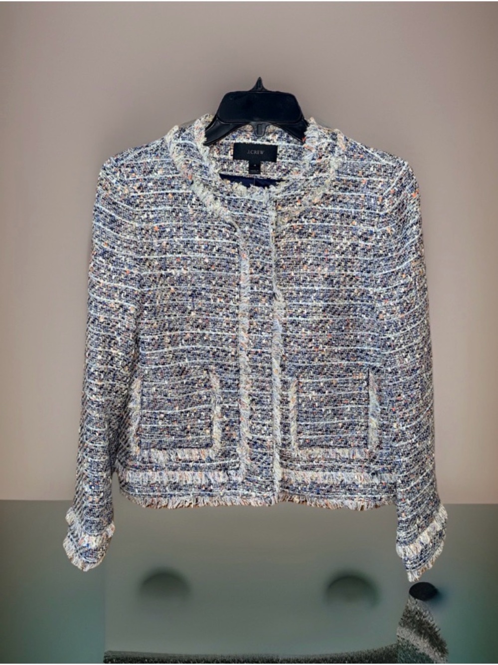 NWT J. Crew Women’s Cropped Tweed Fringe Jacket in Navy and Cream-4